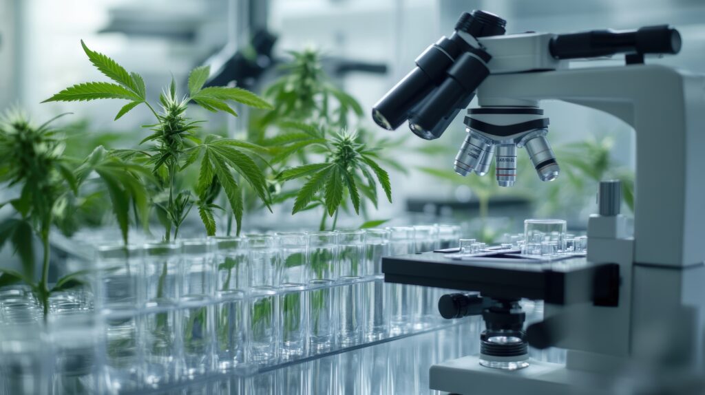 Microscope examining cannabis plants in lab.