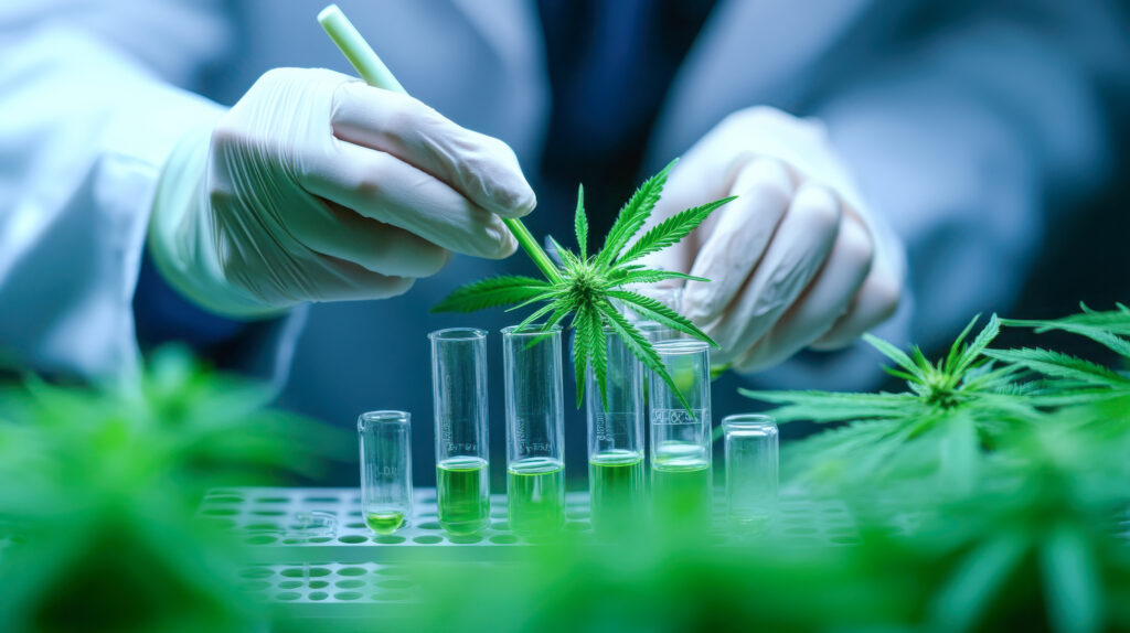 A scientist examines a cannabis plant in a laboratory, working with test tubes to explore its properties and potential benefits.