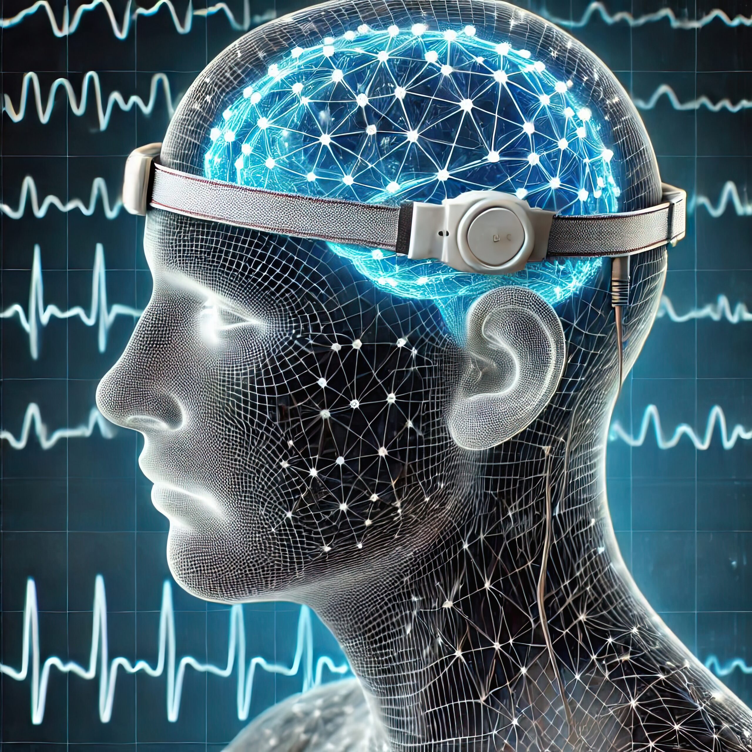 Graphic with brain and strap around the head with brain waves in the back ground.