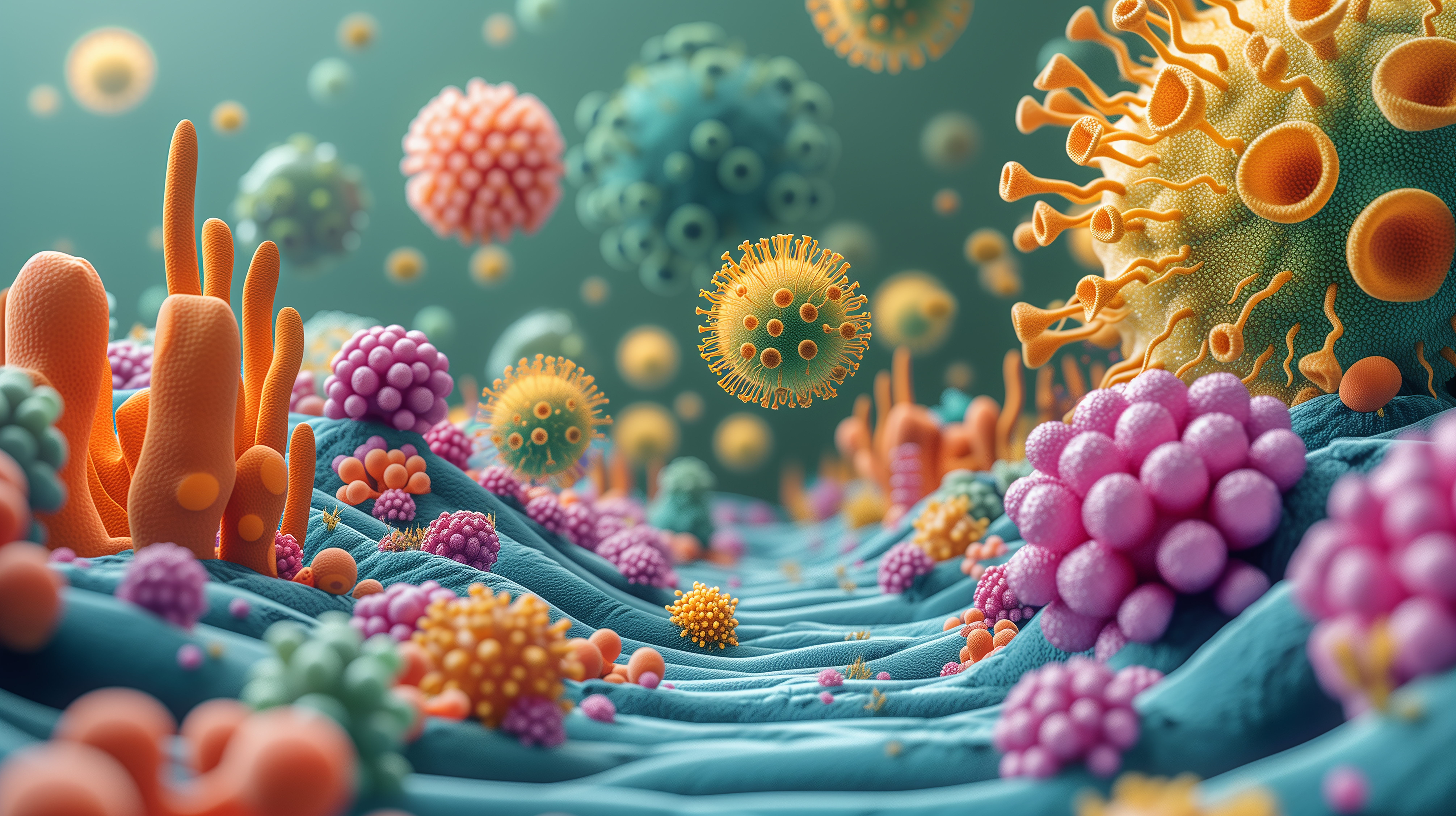 Gut Microbiome with colour images of different types of bacteria showing the diversity of it.