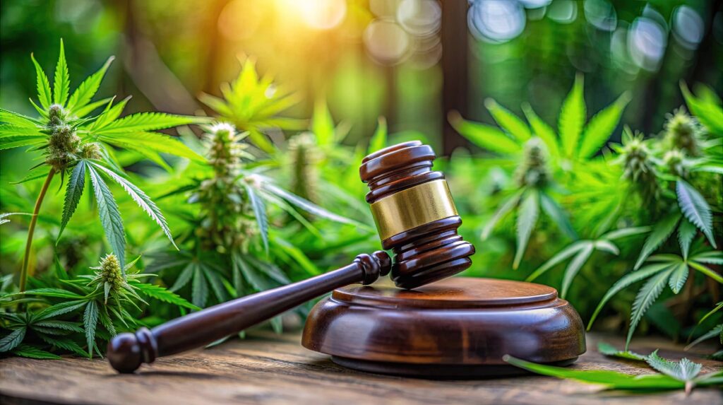 Judge's gavel beside cannabis plants