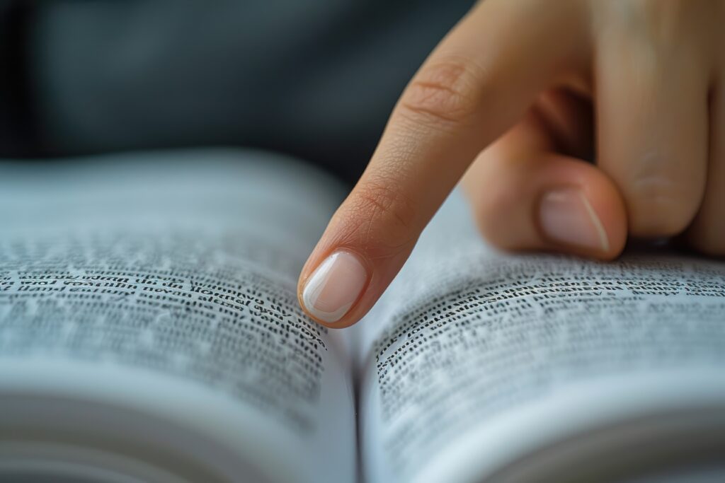 A finger pointing in a textbook