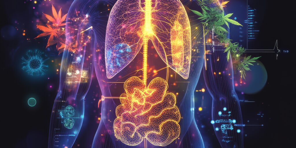 Human body illustration with lungs, and digestive system, showcasing vibrant colors and elements like plants and scientific symbols, representing health