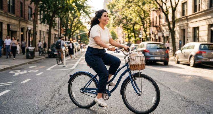 Joyful plus-size woman riding bicycle in sunlit city street promoting sustainable urban lifestyle.