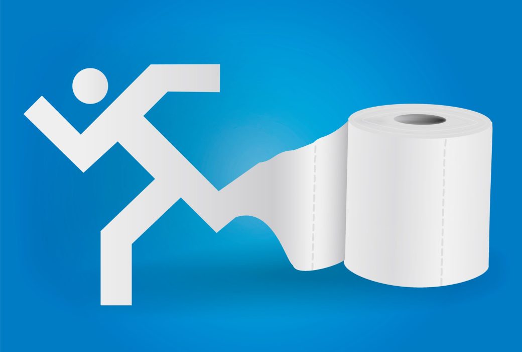 Toilet paper with icon of running man. Illustration of running male paper silhouette unwinding toilet paper. Concept for intestinal trouble diarrhea. Vector available. Toilet paper with icon of running man. Illustration of running male paper silhouette unwinding toilet paper. Concept for intestinal trouble diarrhea. Vector available.