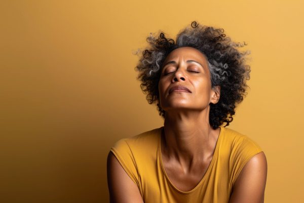Studio portrait of exhausted and stressed mature black woman, yellow brown background African American woman looking for relief due to hot flash.