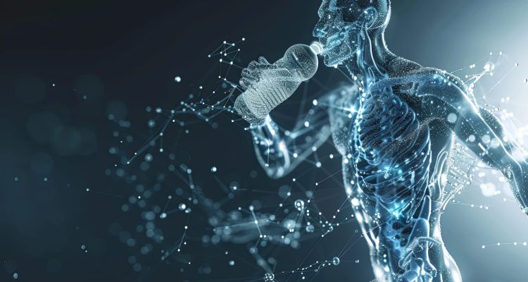 3D rendered infographic showing the impact of hydration on athletic performance, including water absorption and electrolyte balance in the body